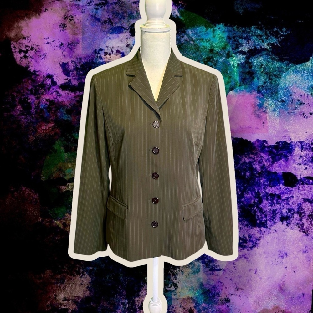 NWT Yansi Fugel Olive Green / Brown Neutral Striped Button-Up Blazer Size 12